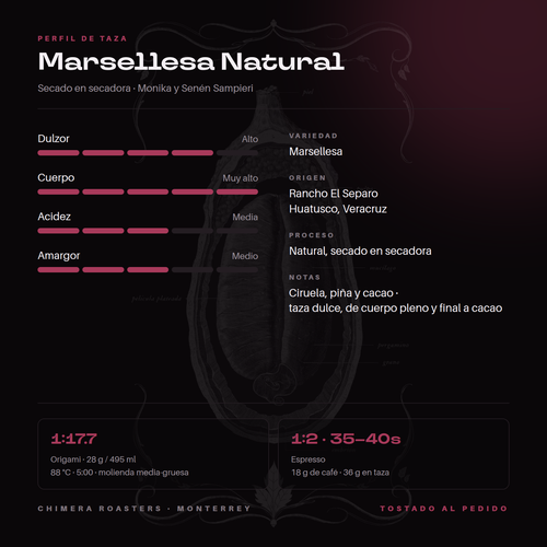 Perfil de taza de la Marsellesa Natural: dulzor alto, cuerpo muy alto, acidez media, amargor medio. Notas de ciruela, piña y cacao