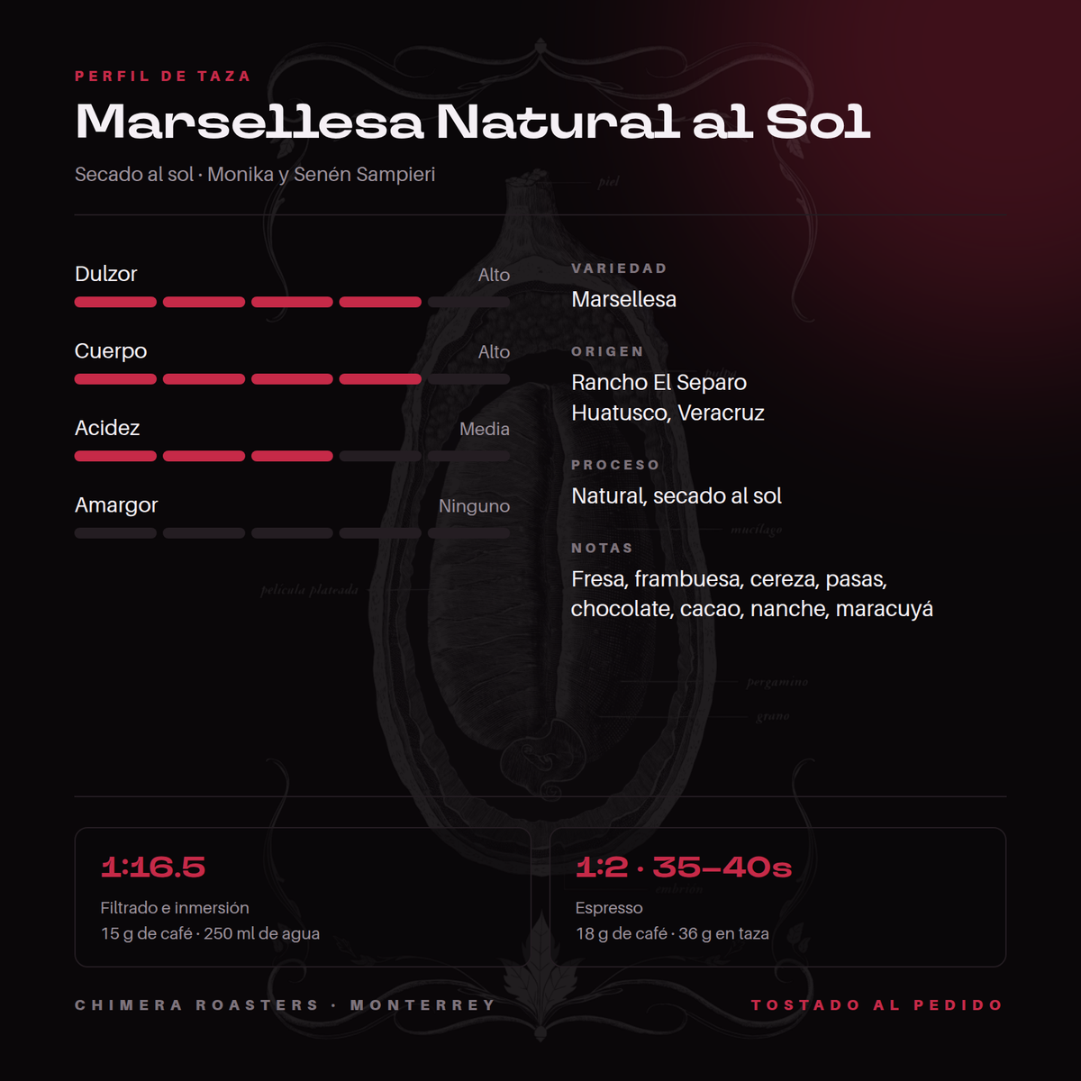 Perfil de taza de la Marsellesa Natural al Sol: fresa, cereza y cacao